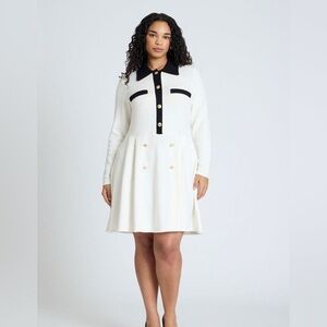 Eloquii White Knit Long-Sleeve Dress with Black Trim